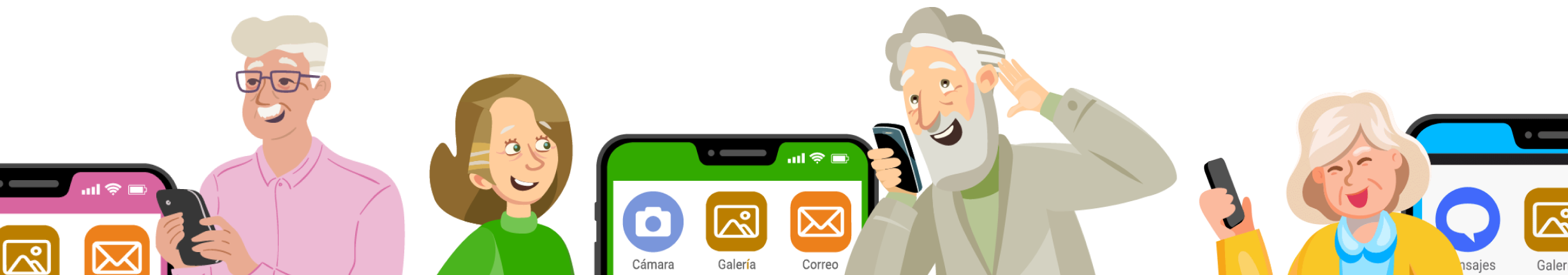 Ilustración decorativa que muestra personas mayores utilizando dispositivos tecnologicos. Una ilustración que busca retratar la digitalización de las personas mayores.