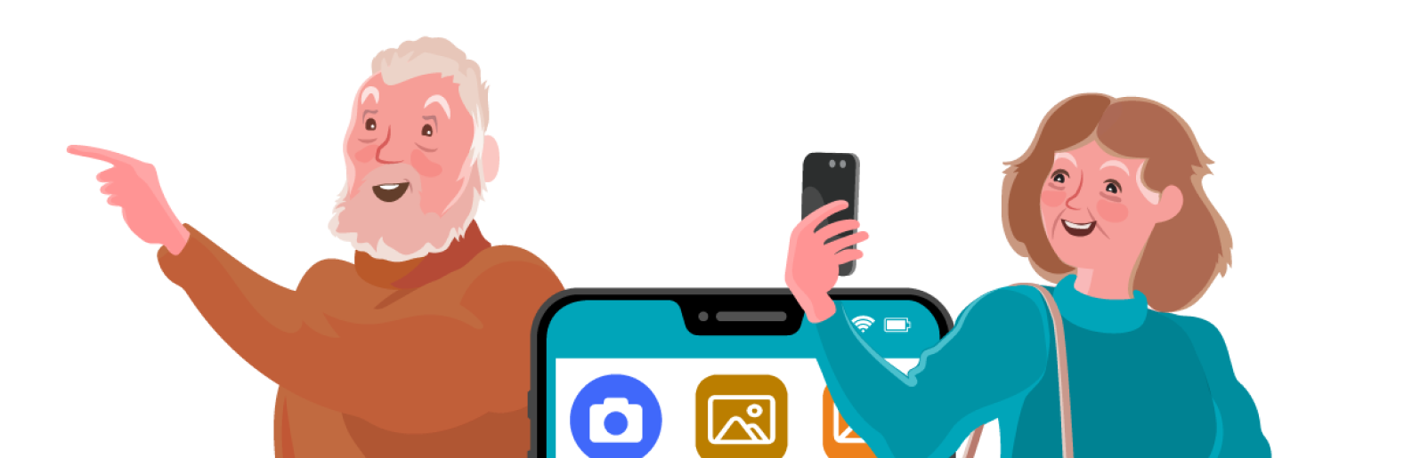 Ilustración decorativa que muestra personas mayores utilizando dispositivos tecnologicos. Una ilustración que busca retratar la digitalización de las personas mayores.